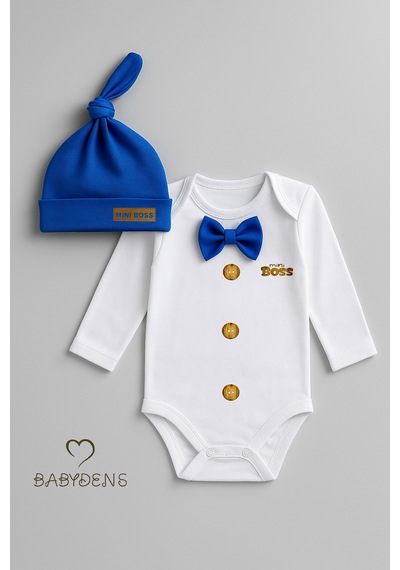 Babyden's Mini Boss Papyonlu Erkek Bebek Body Seti Şapkalı Yenidoğan Bebek Body-zıbın Takım Saks Mavi