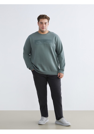 Lcwaıkıkı Classic Yeşil Büyük Beden Bisiklet Yaka Baskılı Erkek Kalın Sweatshirt