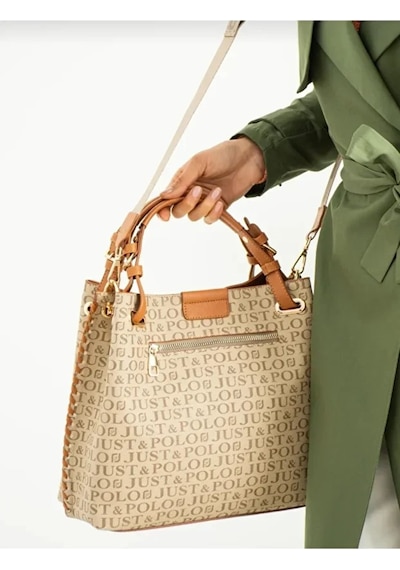 Just Polo Kadın Baskılı Uzun Ayarlanabilir Askılı Şık El Ve Omuz Çantası Shoulder Bag Vizon