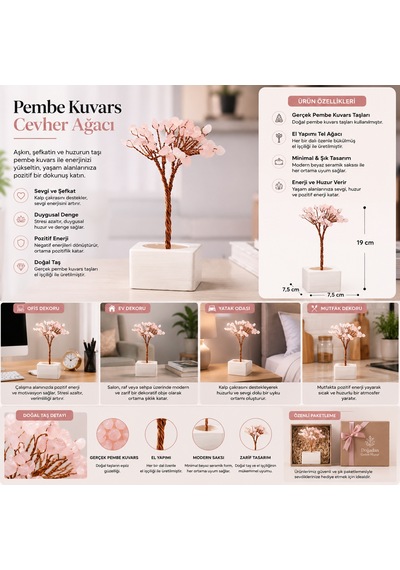 Bakgelal Pembe Kuvars Doğal Taş Ağaç Premium Masaüstü Dekor Objesi