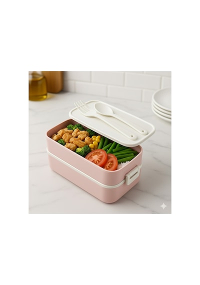 Lunch Box Kendinden Çatal Kaşıklı Estetik 2 Katlı Taşınabilir Yemek Kabı Pembe