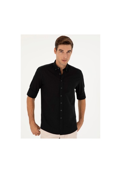 Pierre Cardin Keten Karışımlı Regular Fit Uzun Kollu Gömlek 1834748 Siyah