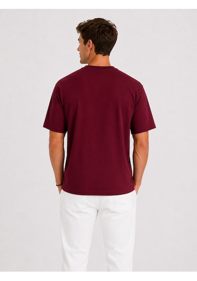 Vasto Moda Erkek Oversize Kalın Dokulu %100 Organik Pamuk Bisiklet Ribana Yakalı Bordo T-shirt