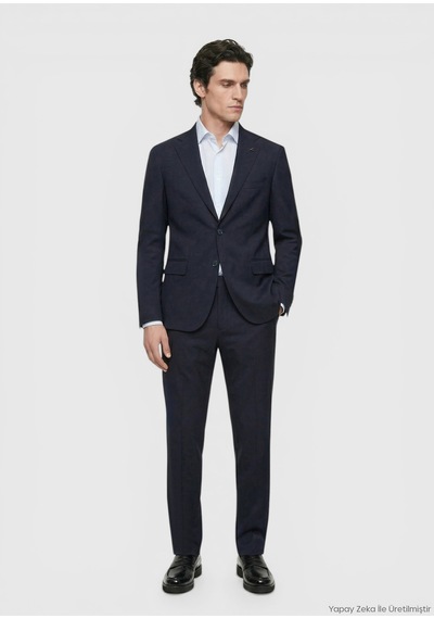 Ramsey Koyu Lacivert Düz Zeroweight Slim Fit Yün Karışımlı Takım Elbise