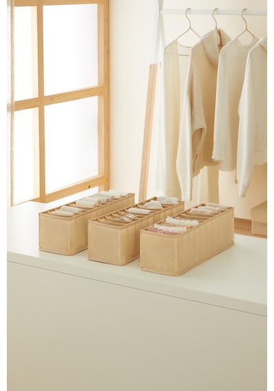 Ocean Home Textile 3'lü 10 Bölmeli Bej Balıksırtı Çekmece Düzenleyici Set
