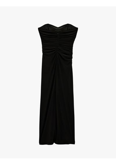 Koton Drapeli Kolsuz Slim Fit Bodycon Midi Straplez Abiye Elbise Siyah 6sak80067fk Siyah