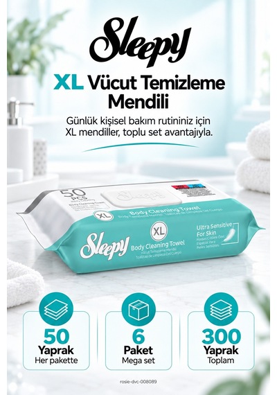 Sleepy Xl Vücut Temizleme Mendili 6'lı Mega Set 50 Yaprak - Rosie Oda Kokusu Hediyeli Tekli