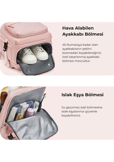 Su Geçirmez 16" İnç 39l Ayakkabı Bölmeli Seyahat Sırt Çantası - Laptop Bölmeli, Usb Şarj Girişli Pembe