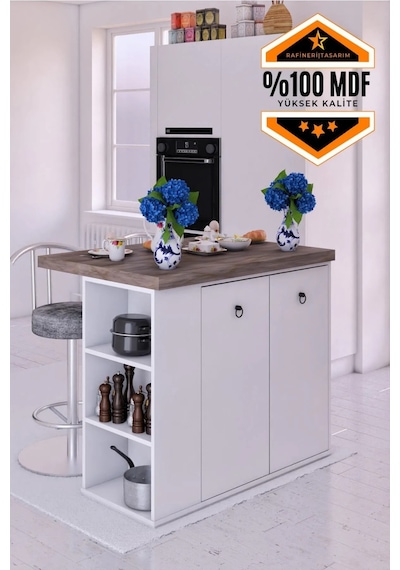 Adore Çok Amaçlı Mutfak Adası 2 Kapaklı Raflı Mdf Gri-beyaz