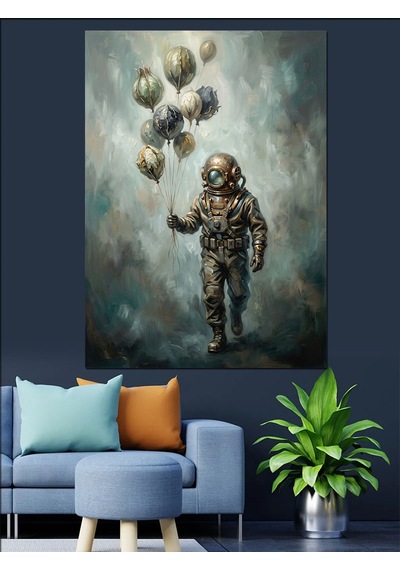 Gökyüzünde Balon Tutan Astronot Tablosu Dekoratif Kanvas - Mdf Ahşap Tablo