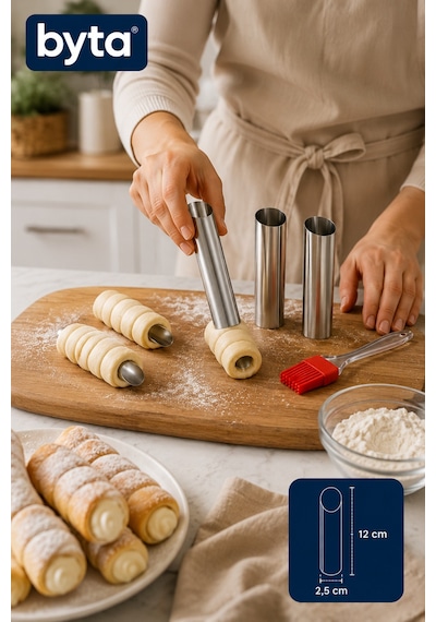 4 Parça Paslanmaz Çelik Rulo Hamur Kalıbı Seti 12 Cm 3'lü Külah Tatlı Kalıbı + Silikon Spatula Hediyeli Diğer
