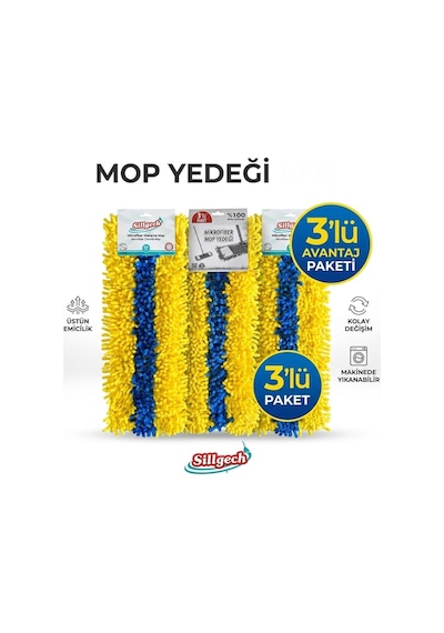 Sillgech Süper Emici Mikrofiber 3 Lü Mop Yedeği 50 Cm