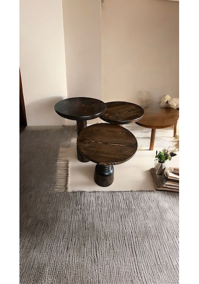 Wood Ahşap 3 Lü Set Fitilli Mantar Yan Sehpa Boğumlu Model / Ceviz Renk / Zigon Sehpa Vernikli Ceviz