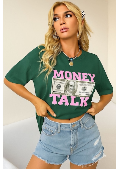 Money Talk Baskılı Unisex Tişört Yeşil