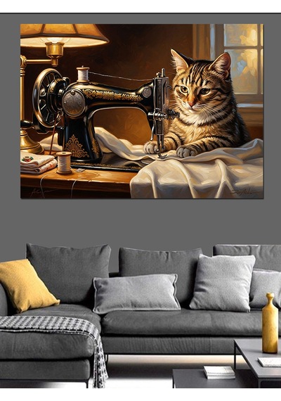 Ahşap Tablo Dikiş Makinesi Ve Meraklı Kedi