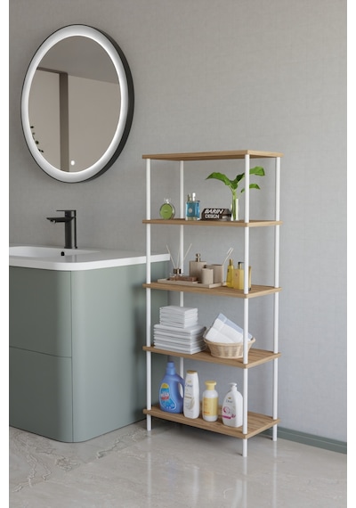 5 Katlı Çevir Kur Metal Gövdeli Banyo Rafı Çok Amaçlı Düzenleyici Organizer Stand Banyo Dolabı Atlantik Çam