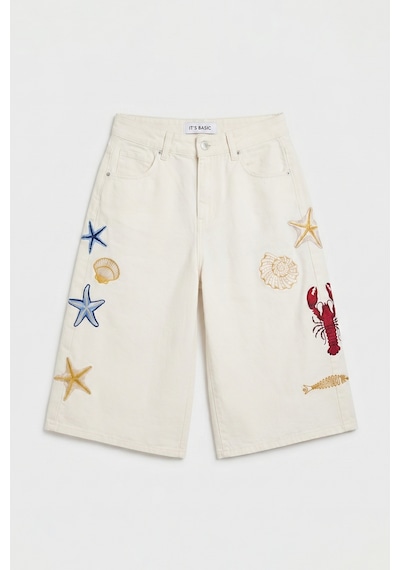 Itsbasic Kadın Kırık Beyaz 7s6-101 Palazzo Nakış Tasarım Bermuda Denim Jort