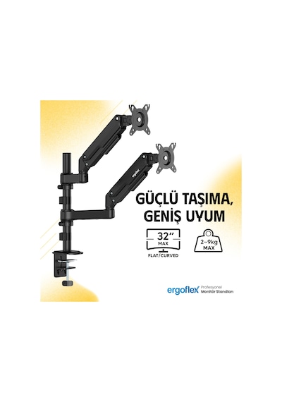 Ergoflex S16 Çift Kol 22-35inch Amortisörlü 2-9 Kg Monitör Standı 2026 Versiyon Gri