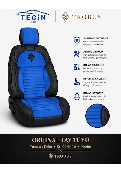 Fiat Albea 2002-2012 Araca Uyumlu Premium Tay Tüyü Koltuk Kılıfı Liona Serisi Mavi Siyah 04738924