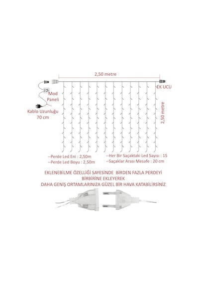 Technojet 2.5 X 2.5 Metre 8 Fonksiyonlu Perde Led 12 Saçaklı 180 Ledli Kablolu Fişli Eklenebilir