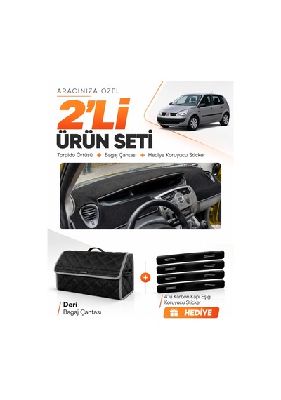 Renault Scenıc 2 2003-2009 Uyumlu Torpido Örtüsü + Deri Bagaj Çantası + Sticker Seti - Siyah Gri
