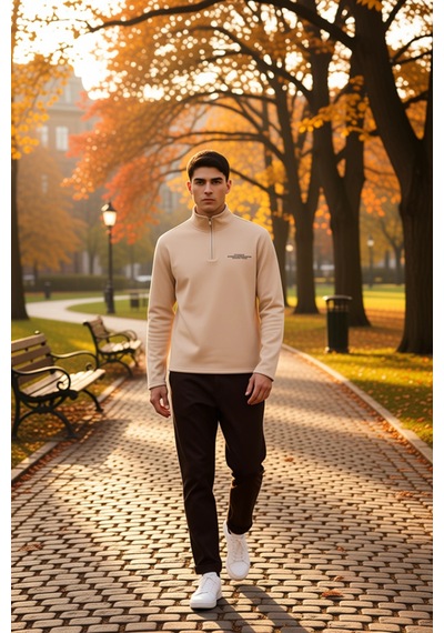 Benerly Erkek Dik Yaka Standart Kol Nakışlı Sweatshirt Fonksiyonel Dayanı Bej