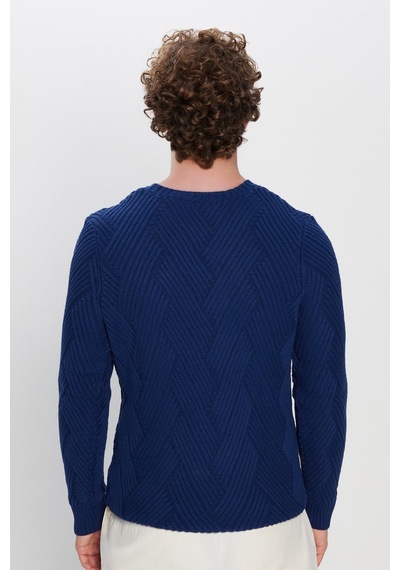 Tudors Erkek Slim Fit Dar Kesim Pamuklu Desenli Yumuşak Dokulu Saks Mavi Bisiklet Yaka Kazak-30440 Saks