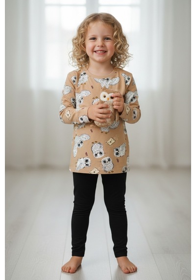 Baykuş Desenli Kız Çocuk Pijama Takım Kahverengi