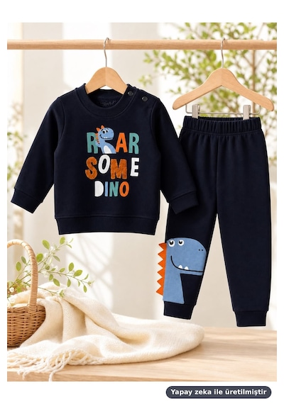Ferasty İstanbul Erkek Bebek 2'li Takım Dinozor Baskılı Roarsome Dino Lacivert