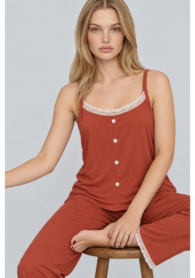 Kadın Dantelli V Yaka Kırmızı Pijama Takımı 4744
