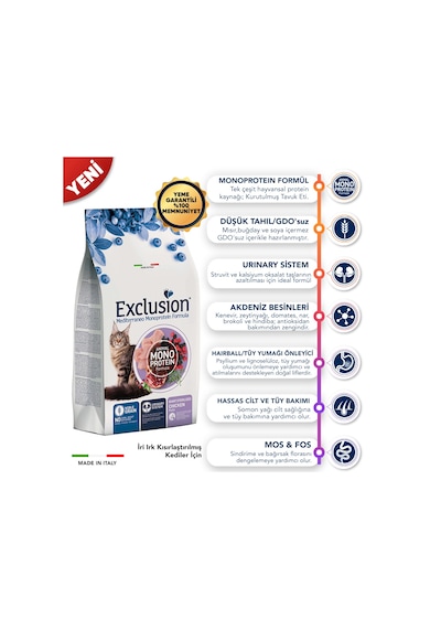 Exclusion Düşük Tahıllı Monoprotein İri Irk İçin Tavuklu Kısırlaştırılmış Kedi Maması 1500 G