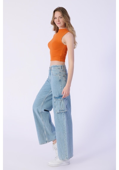 Açık Mavi Yüksek Bel Kargo Cepli Wide Leg Pantolon-açık Mavi Açık Mavi