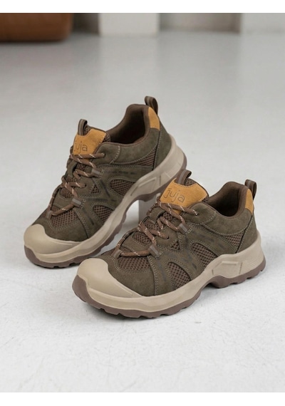 Guja 26k389 Kadın Hakiki Deri Bağcıklı Kalın Taban Sneaker Ayakkabı Haki