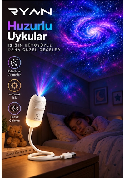 Usb Galaksi Projektör Led Gece Lambası 360 Ayarlanabilir 12 Filmli 2 Si 1 Arada Ambiyans Işık Beyaz