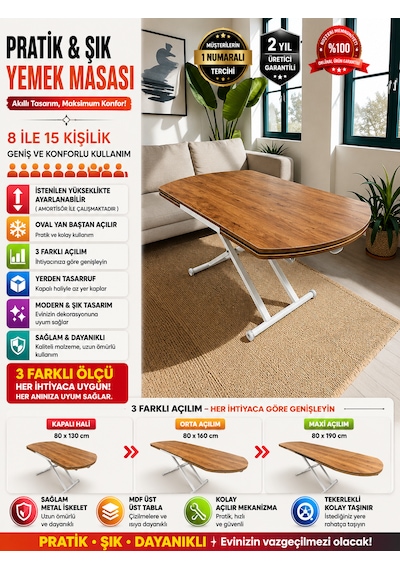 Oval Yan Baştan Açılır Akıllı Masa Üst Tabla Mdf Yüksekliği Ayarlanabilir Pratik Ceviz