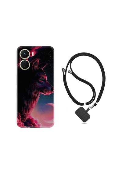 Vivo Y16 Kılıf İpli Boyun Askılı Desenli Silikon Wolf and Moon 1380