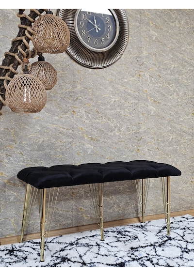 Zafir Metal Gold Tel Ayaklı 100 Cm Puf Bench - Puf - Bench - Oturak - Mutfak Oturağı - Antre Oturağı Siyah