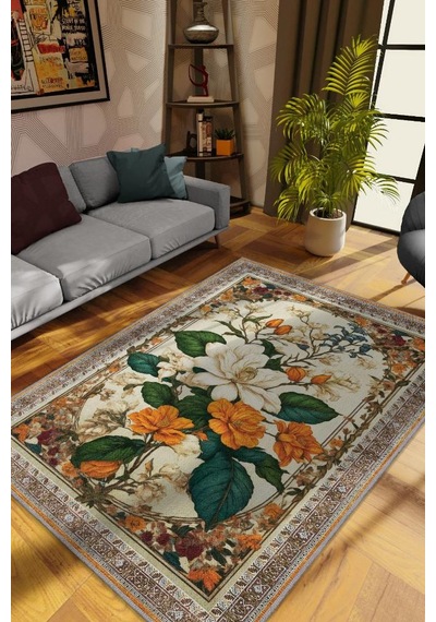 Homshtag Art Deco Yasemin Çiçeği Vintage Halı Görünümlü Dijital Baskı Renkli Halı,rustik Çiçek Halı Çok Renkli