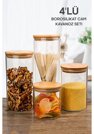 Tilbe Home 4 Adet Vakumlu Bambu Kapaklı Cam Kavanoz Borosilikat C