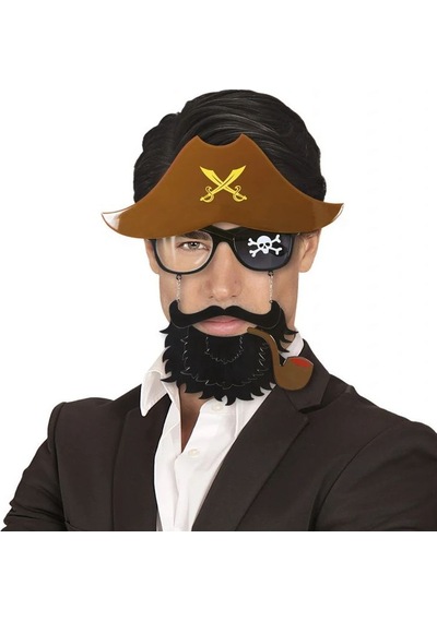 Kahve Renk Şapkalı Siyah Sakallı Pipolu Jack Sparrow Denizci Korsan Gözlüğü 24x25 Cm Diğer