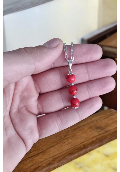 Kırmızı Firuze Kolye Firuze Taşı Kolye Doğal Taş Kolye Zincirli Kadın Kolye Hediyelik Kolye Kırmızı Kırmızı