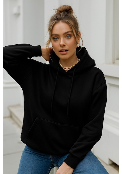 Kadın Siyah Kanguru Cepli Kapüşonlu Scuba Sweatshirt Siyah