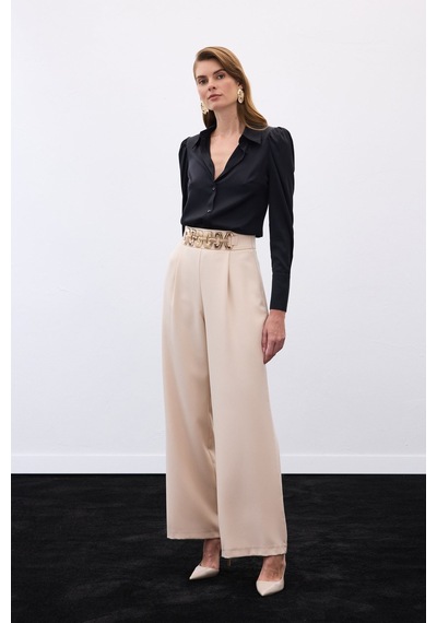Sateen Kemerli Salaş Pantolon - Bej-136536 Bej
