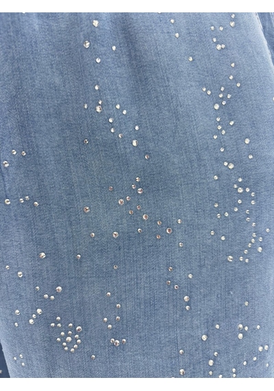 Büyük Beden Denim Beli Latikli Taş Baskılı Balon Kesim Kadın Pantolon Mavi