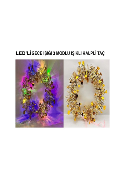 Kalp Püsküllü Gece Parıltısı 3 Modlu Led39li Işıklı Taç Altın Renk - Parti Taçları 0 - 99