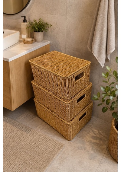 Morponi 3'lü Kapaklı Hasır Rattan Organizer Sepet Shr4404 Sarı