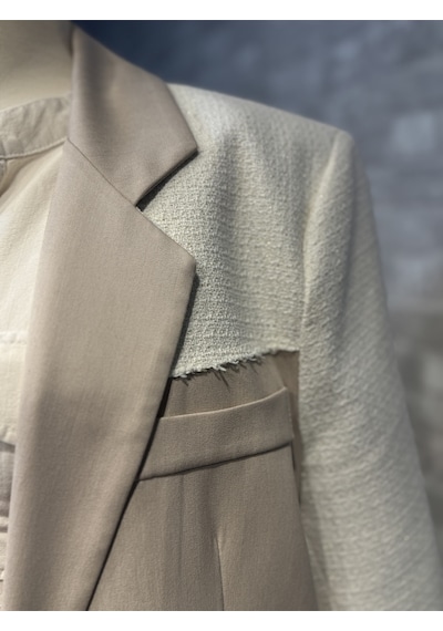 Kadın Krem Keten Tüvit Mix Blazer Ceket Krem