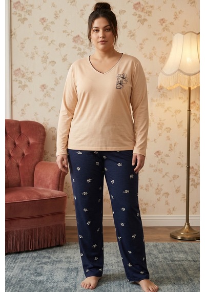 Siyah İnci Desenli Nakışlı Büyük Beden Battal Boy Viskon Örme Pijama Takım 26224834 Ten