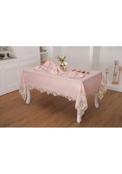 Perla Güpürlü Keten Pudra Sofra Takımı 8 Kişilik 160x230cm 17prç. - 1163 Çok Renkli