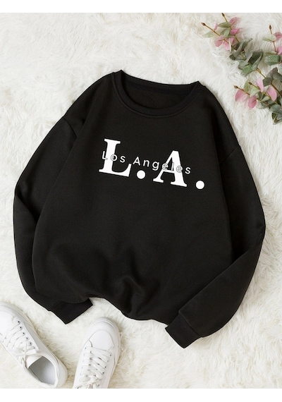 Startmore Unisex Los Angeles Baskılı Oversize Bisiklet Yaka Sweatshirt Siyah Siyah